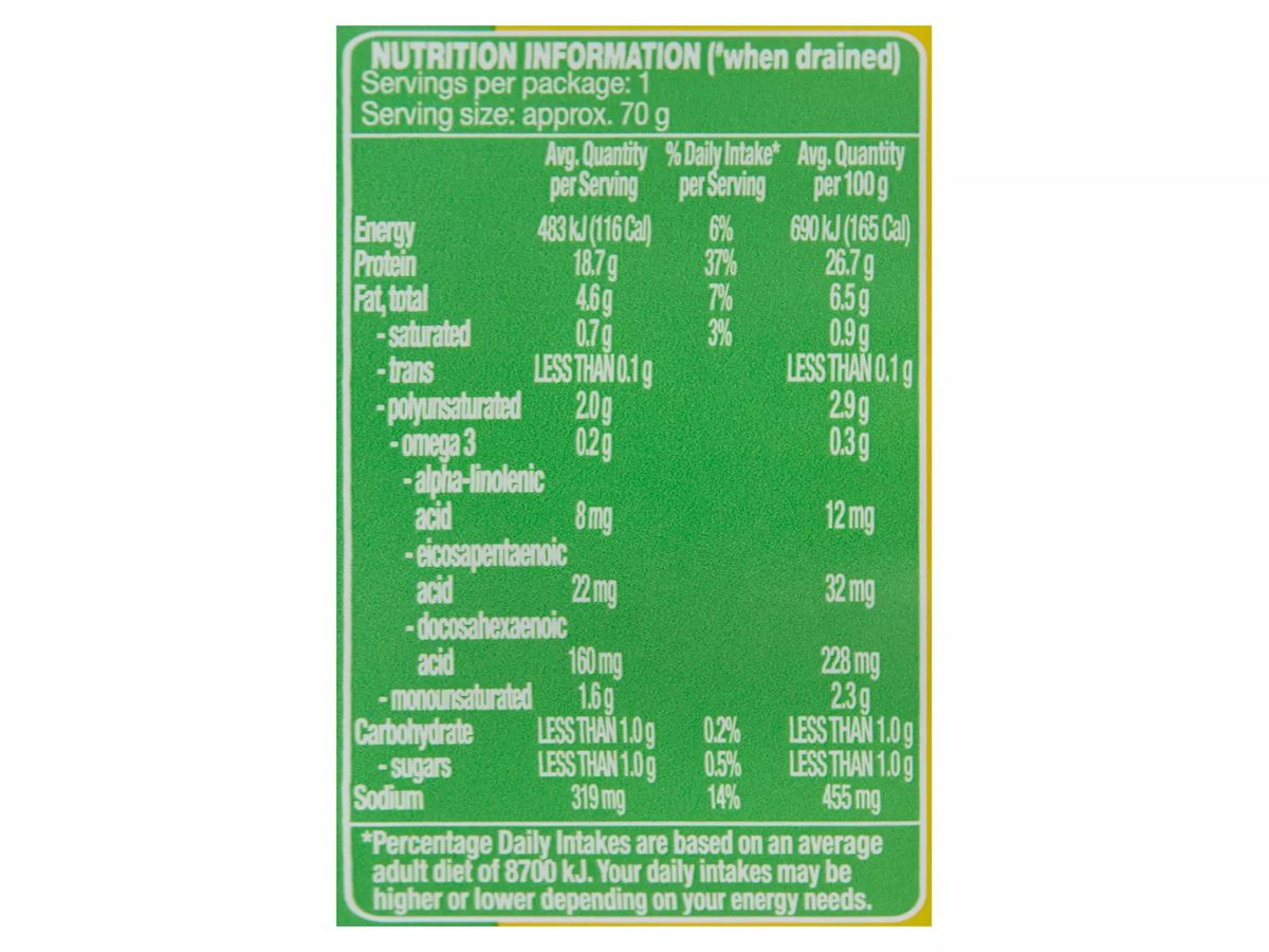 Pack photograph of OCEAN RISE Yellowfin Tuna Chunks in Basil Flavoured Oil 95g showing the printed nutrition panel