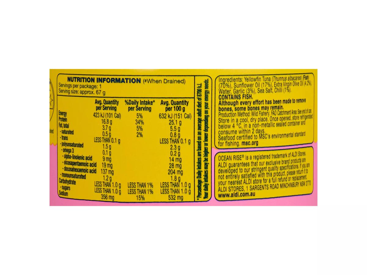 Pack photograph of OCEAN RISE Yellowfin Tuna Chunks in Garlic & Chilli Oil 95g showing the printed nutrition panel