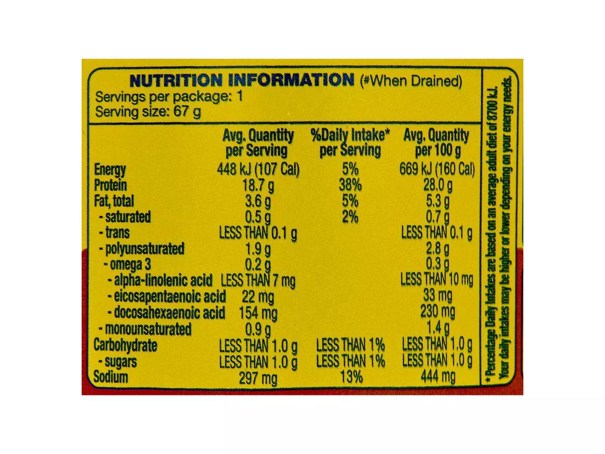 Pack photograph of OCEAN RISE Yellowfin Tuna Chunks in Smoked Flavour 95g showing the printed nutrition panel