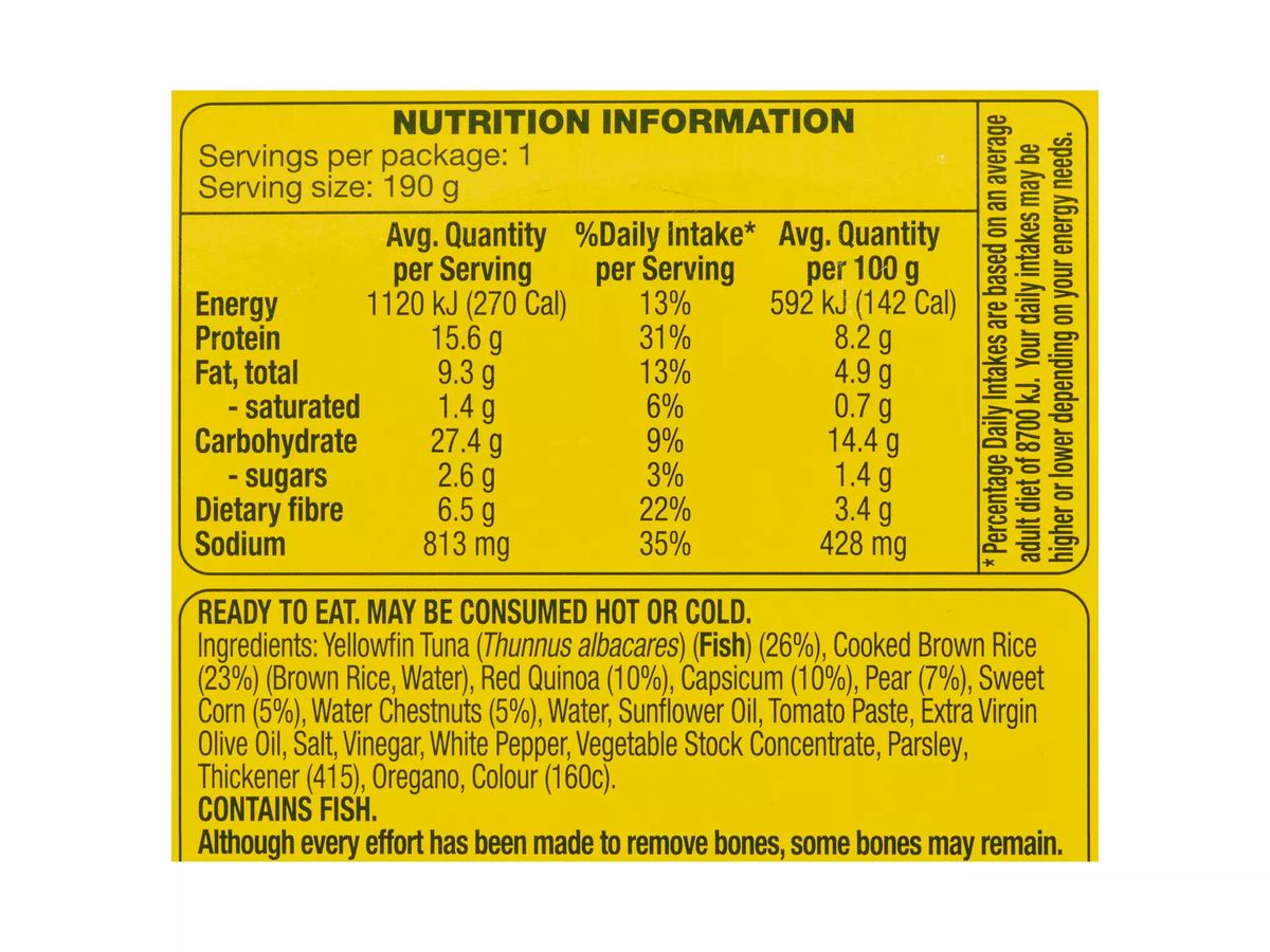 Pack photograph of OCEAN RISE Yellowfin Tuna & Brown Rice Quinoa Ready Meal 190g showing the printed nutrition panel