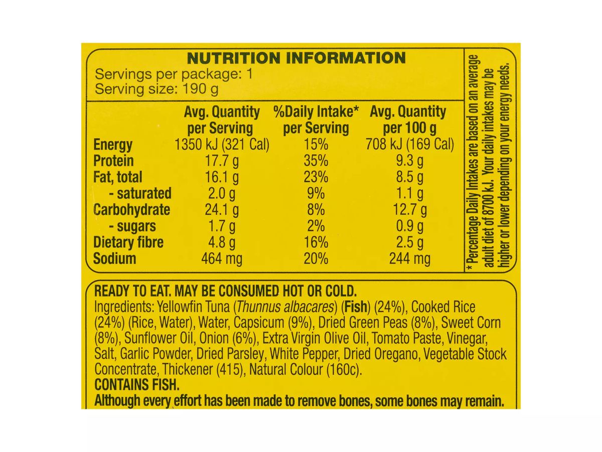 Pack photograph of OCEAN RISE Yellowfin Tuna & Italian Style Salad Ready Meal 190g showing the printed nutrition panel