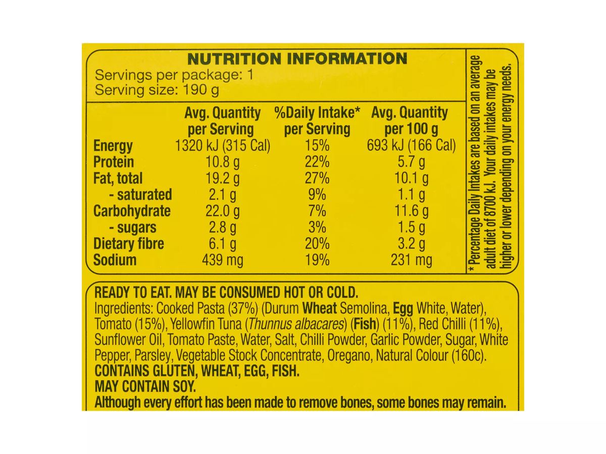 Pack photograph of OCEAN RISE Yellowfin Tuna & Sicilian Style Pasta Ready Meal 190g showing the printed nutrition panel