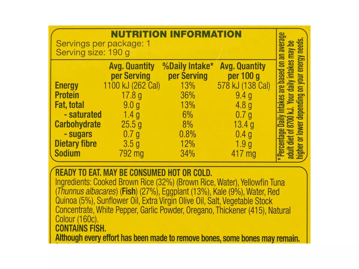 Pack photograph of OCEAN RISE Yellowfin Tuna & Kale Quinoa Salad Ready Meal 190g showing the printed nutrition panel