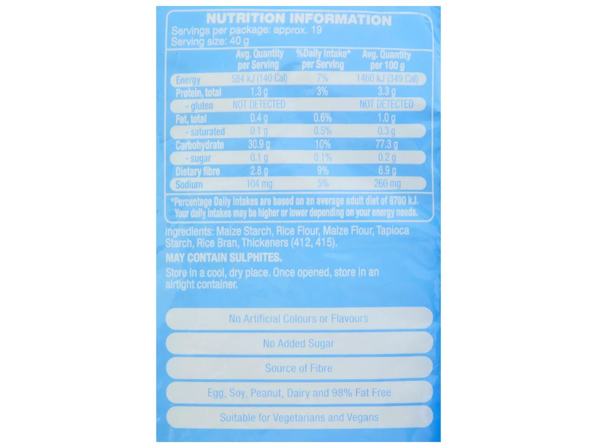 Pack photograph of WHITE MILL Gluten Free Plain Flour 750g showing the printed nutrition panel
