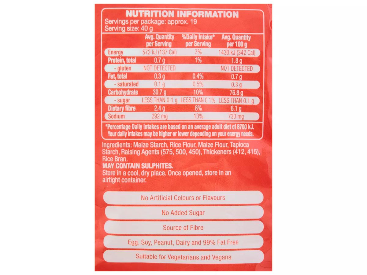 Pack photograph of WHITE MILL Gluten Free Self Raising Flour 750g showing the printed nutrition panel