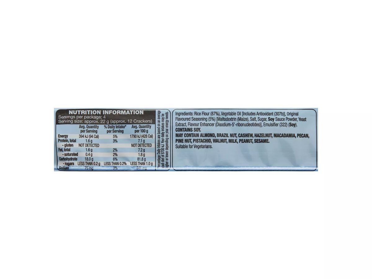 Pack photograph of DAMORA Thin & Crispy Original Flavoured Rice Crackers 90g showing the printed nutrition panel