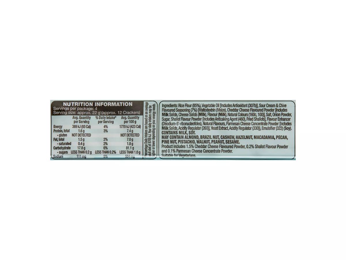 Pack photograph of DAMORA Thin & Crispy Sour Cream & Chives Flavoured Rice Crackers 90g showing the printed nutrition panel