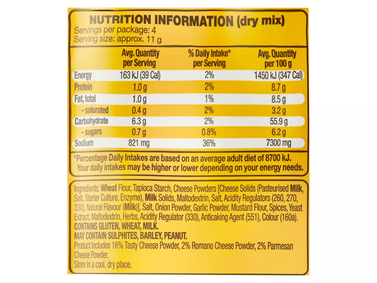 Pack photograph of CHEFS' CUPBOARD 3 Cheese Potato Bake Recipe Base 45g showing the printed nutrition panel