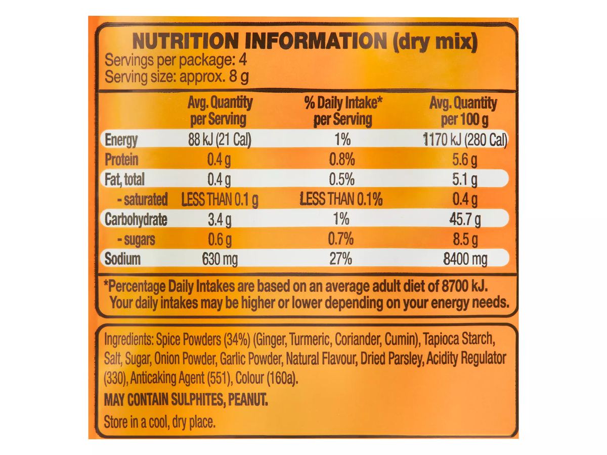 Pack photograph of CHEFS' CUPBOARD Creamy Chicken Curry Recipe Base 30g showing the printed nutrition panel
