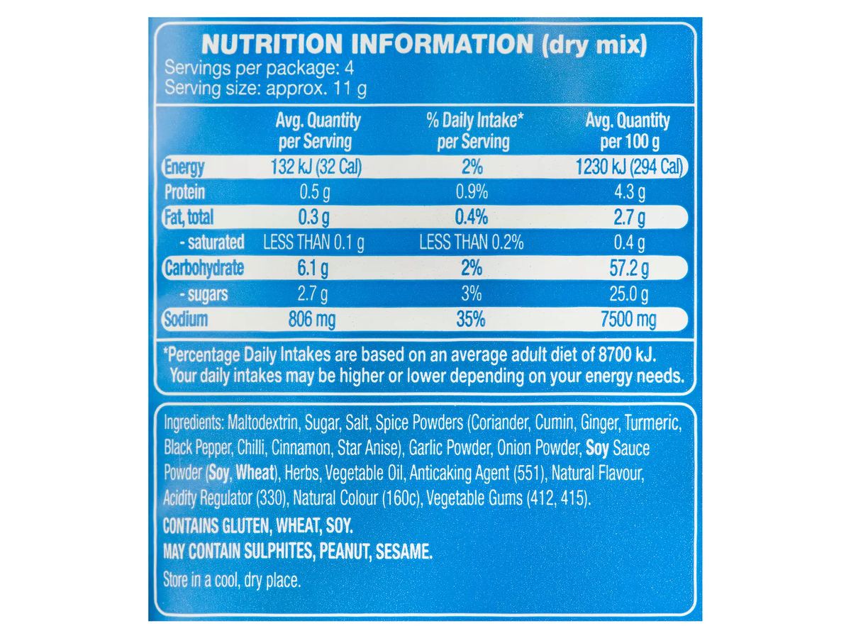 Pack photograph of CHEFS' CUPBOARD Satay Chicken Recipe Base 43g showing the printed nutrition panel
