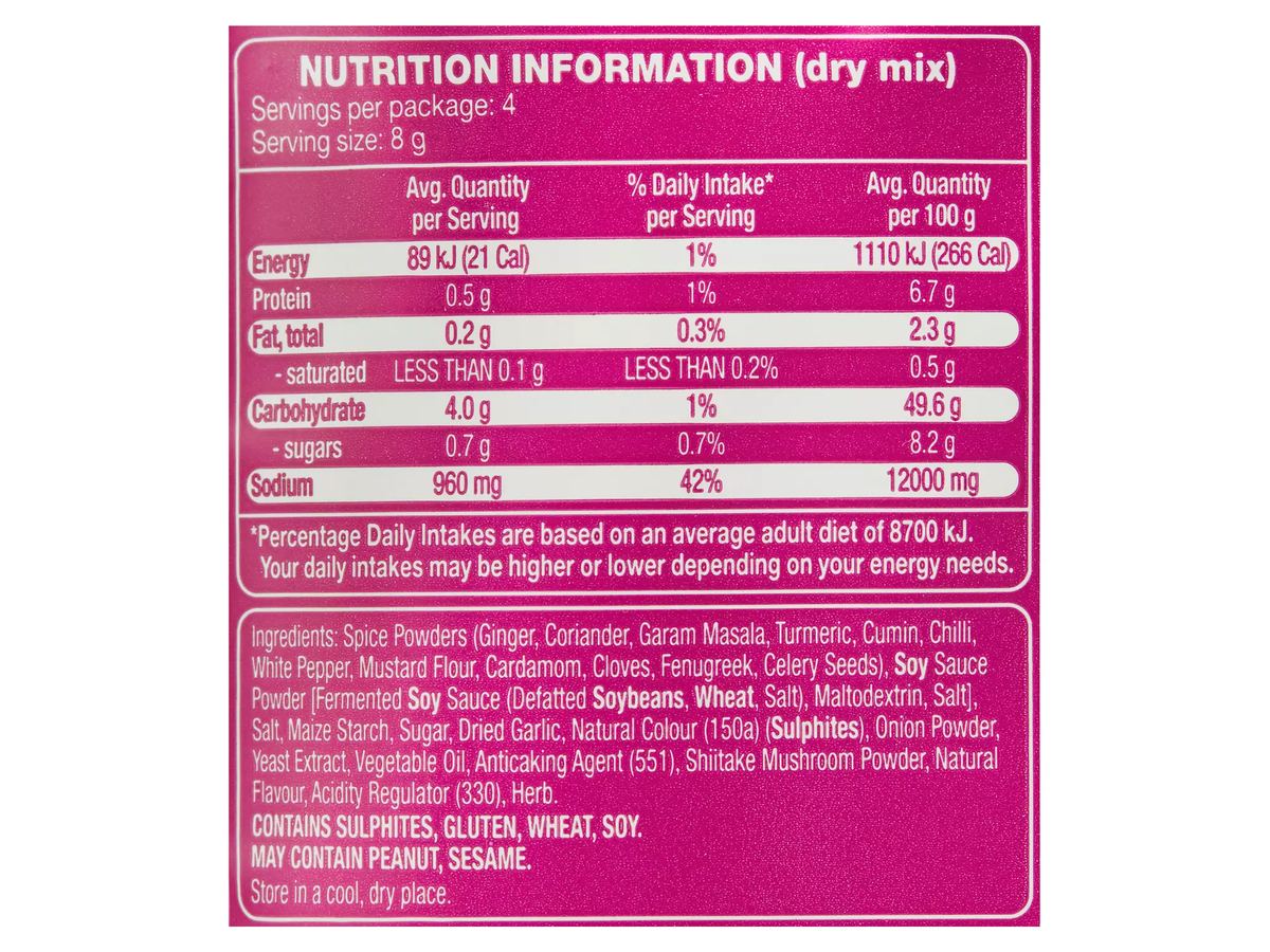 Pack photograph of CHEFS' CUPBOARD Chow Mein Recipe Base 32g showing the printed nutrition panel
