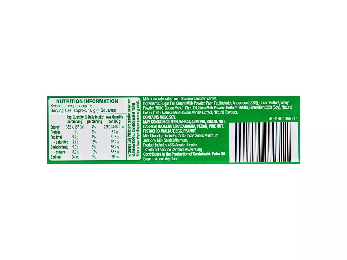 Pack photograph of DAIRY FINE Choco Air Mint 100g showing the printed nutrition panel
