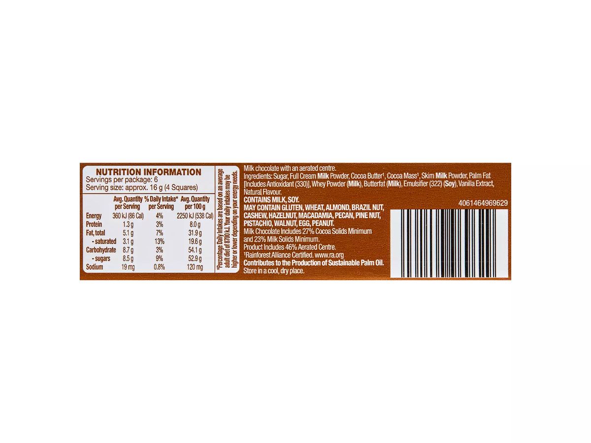 Pack photograph of DAIRY FINE Choco Air Milk Chocolate 100g showing the printed nutrition panel