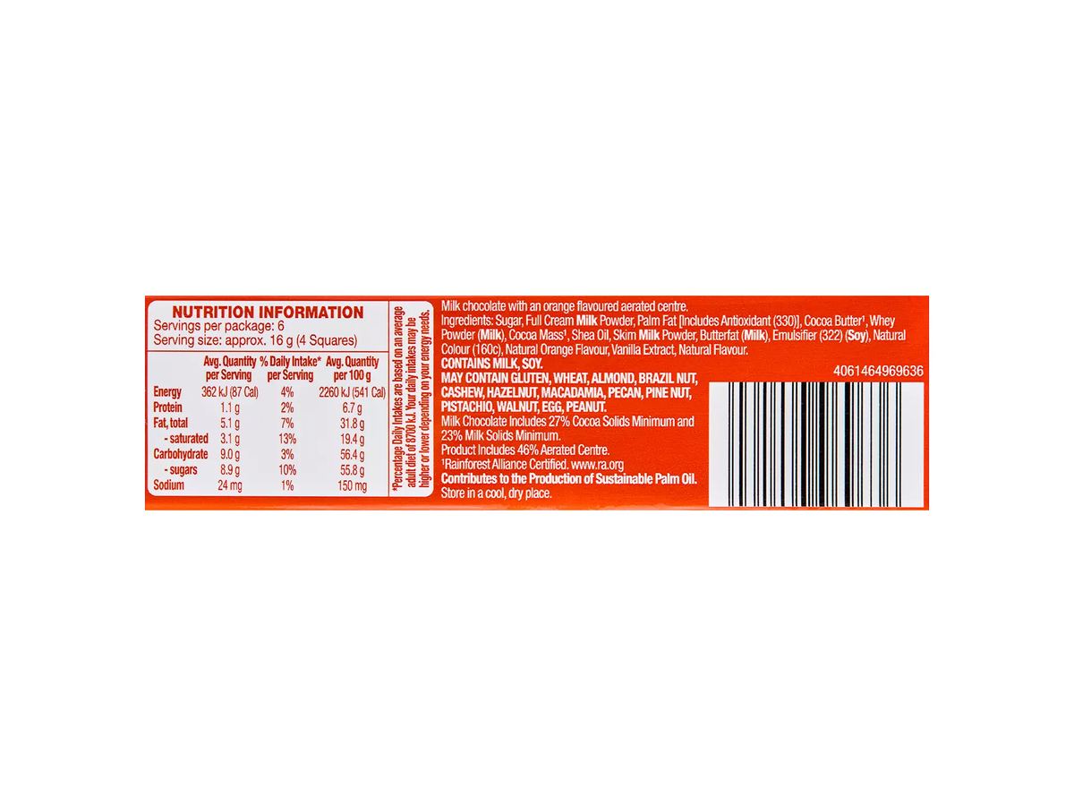 Pack photograph of DAIRY FINE Choco Air Orange 100g showing the printed nutrition panel