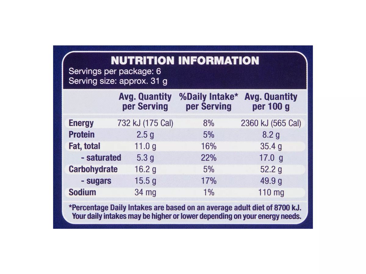 Pack photograph of CHOCEUR Hazelnut Praline Chocolate Block 185g showing the printed nutrition panel