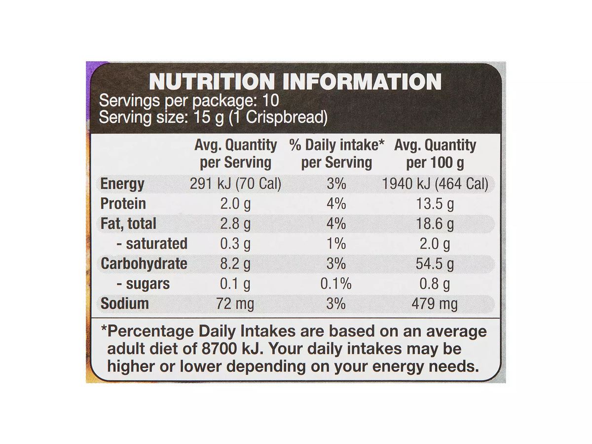 Pack photograph of DAMORA Artisan Style Oat & Chia Crispbread 150g showing the printed nutrition panel