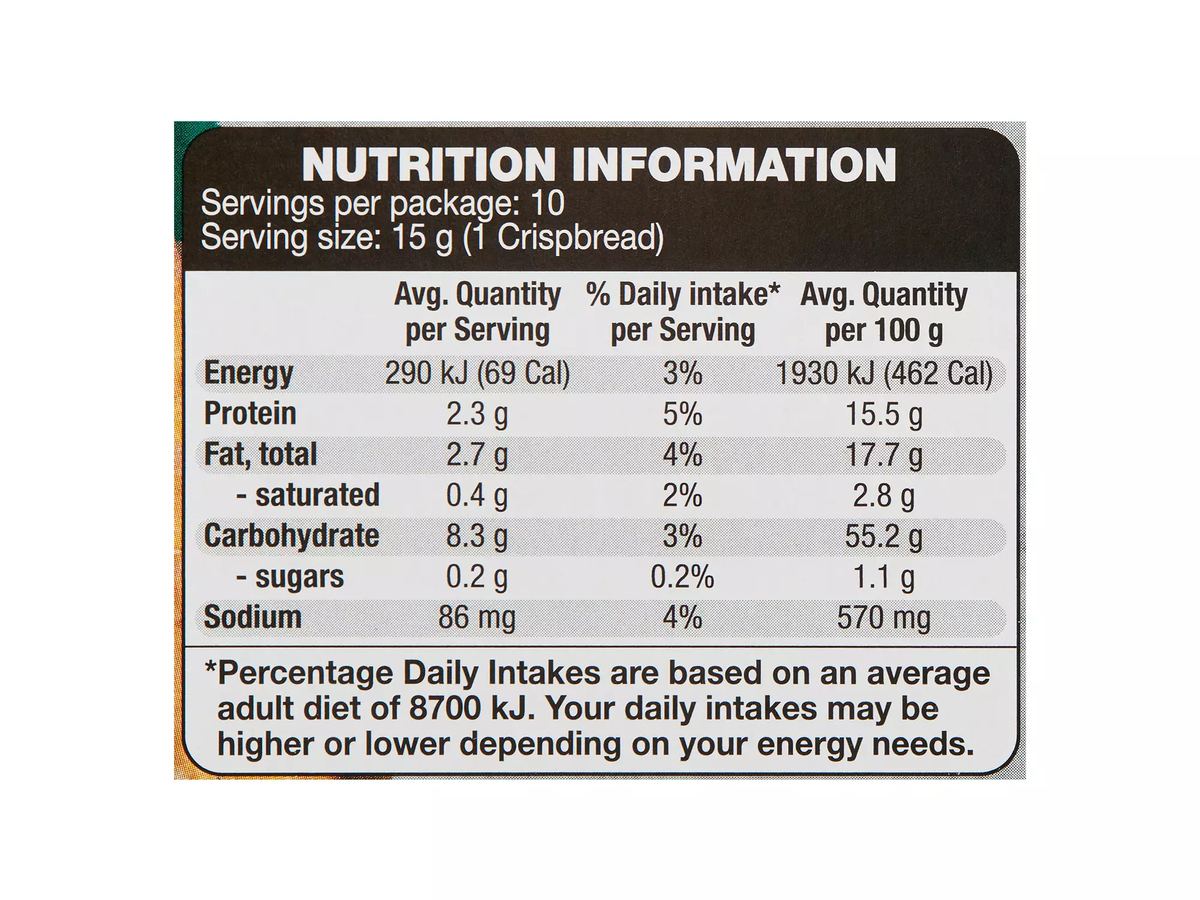 Pack photograph of DAMORA Artisan Style Pumpkin Seed & Parmesan Crispbread 150g showing the printed nutrition panel