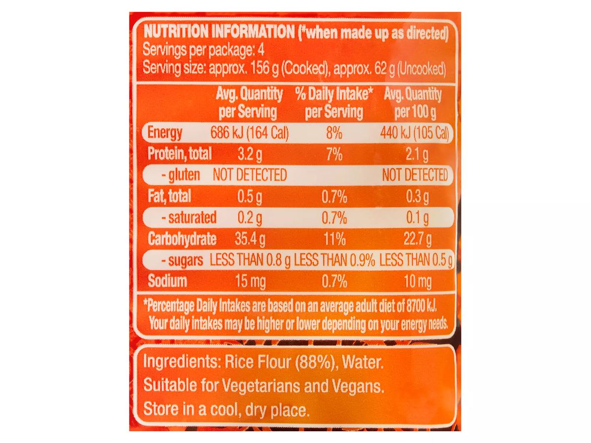 Pack photograph of URBAN EATS Vermicelli Rice Noodles 250g showing the printed nutrition panel