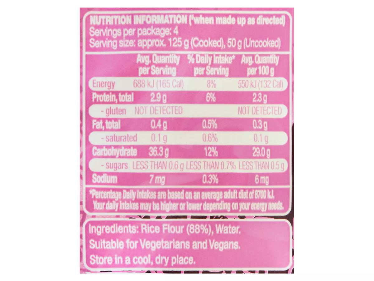 Pack photograph of URBAN EATS Thai Style Rice Noodles 200g showing the printed nutrition panel