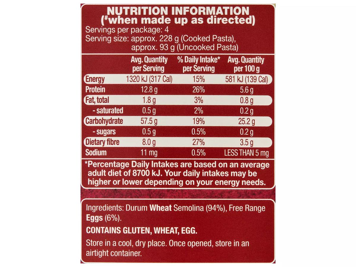 Pack photograph of REMANO Free Range Egg Fettuccine 375g showing the printed nutrition panel