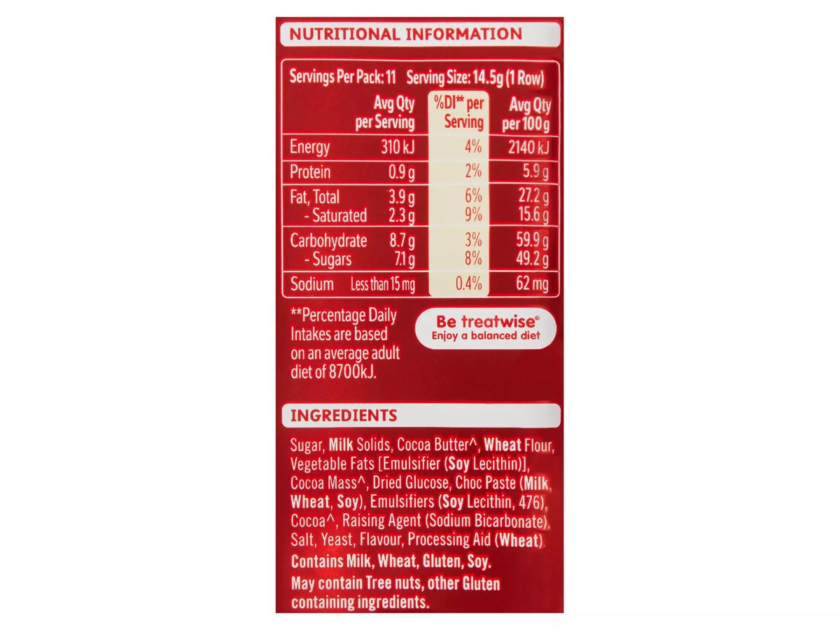 Pack photograph of NESTLE Kit Kat Milk Chocolate Block 160g showing the printed nutrition panel