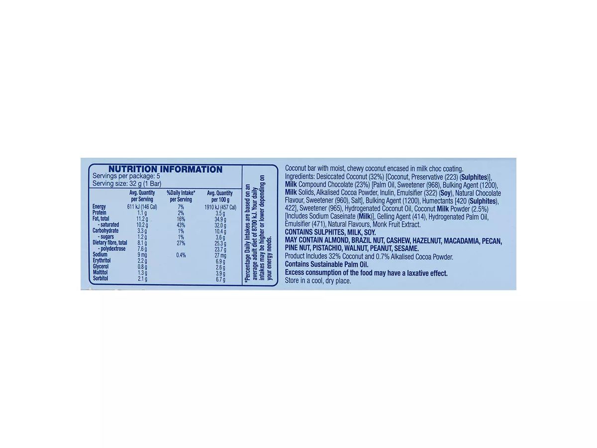 Pack photograph of HILLCREST Low Sugar Delight Bars Choc Coconut 5 Pack 160g showing the printed nutrition panel