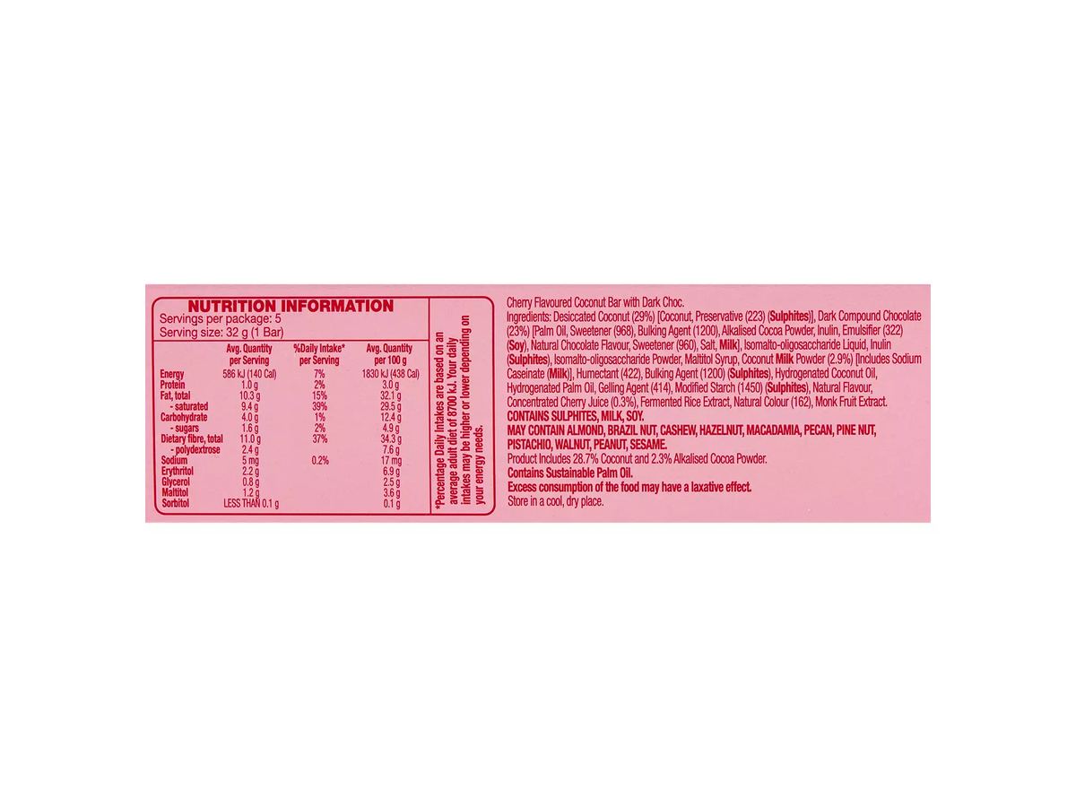 Pack photograph of HILLCREST Low Sugar Delight Bars Choc Cherry & Coconut 5 Pack 160g showing the printed nutrition panel