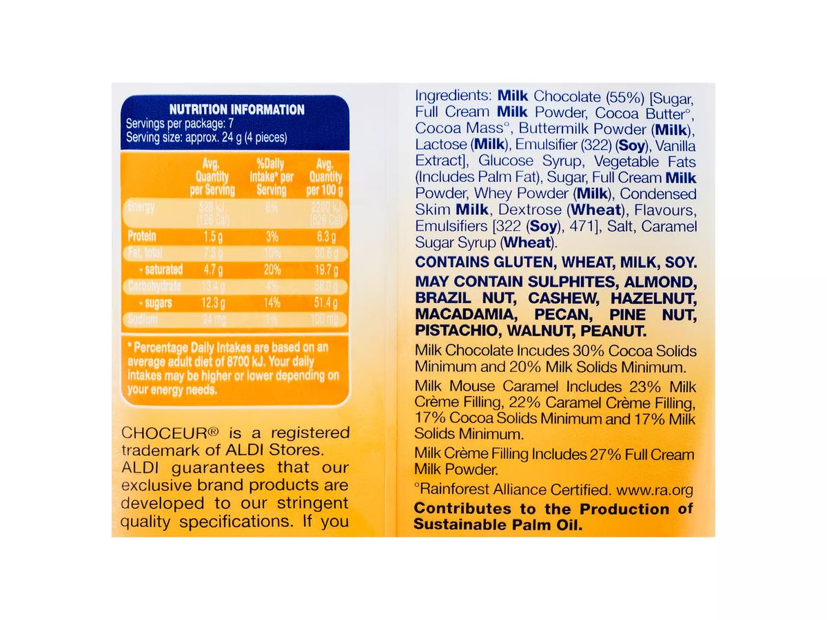 Pack photograph of CHOCEUR Milk Mouse - Caramel 168g showing the printed nutrition panel