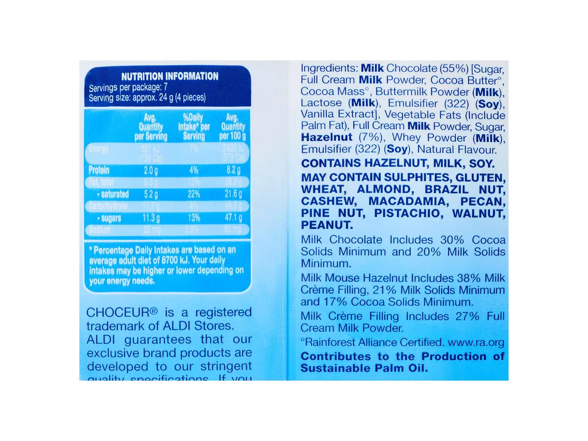 Pack photograph of CHOCEUR Milk Mouse - Milk Chocolate 168g showing the printed nutrition panel