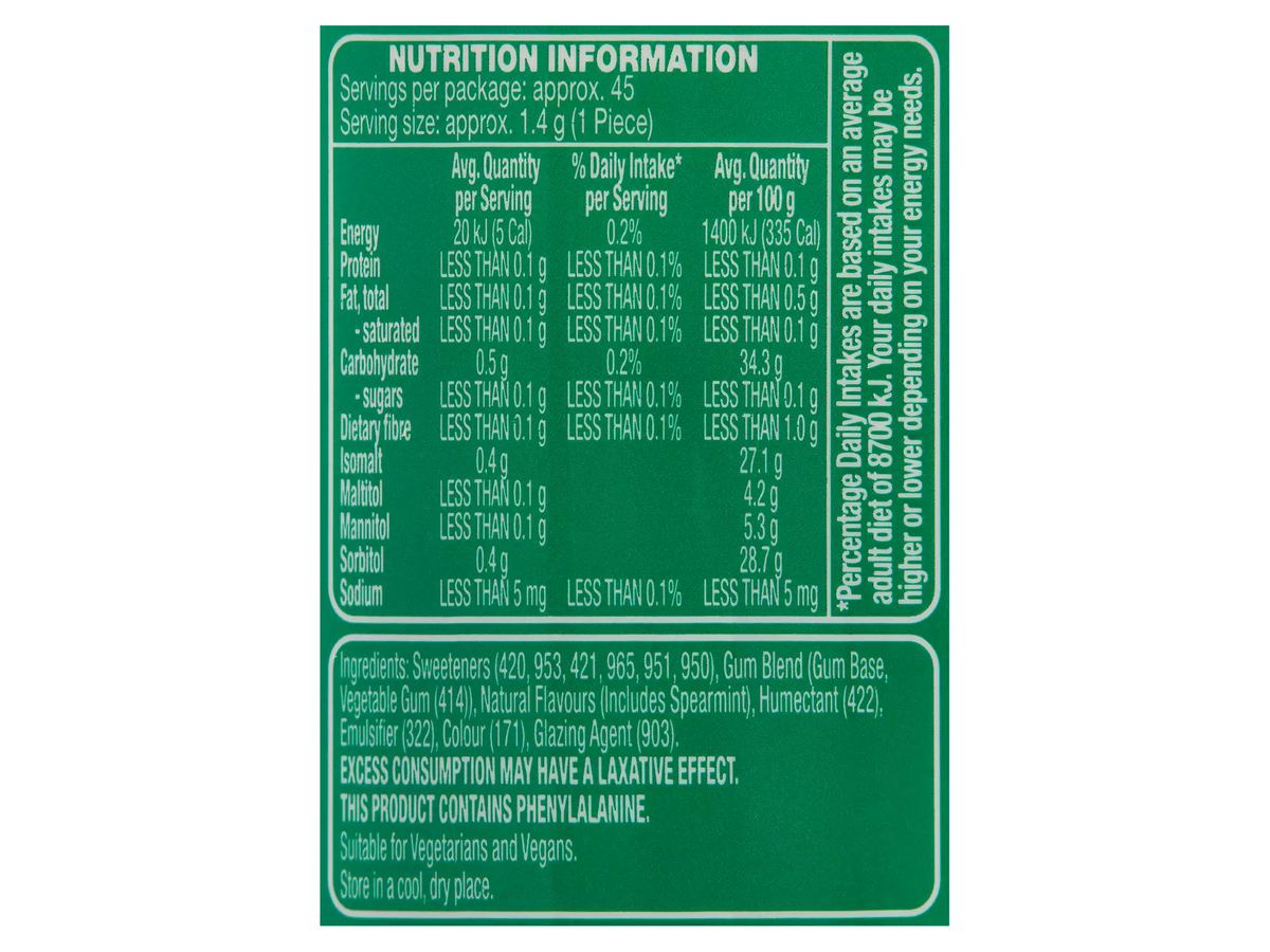 Pack photograph of BLITZ Fresh Spearmint Gum 64g showing the printed nutrition panel