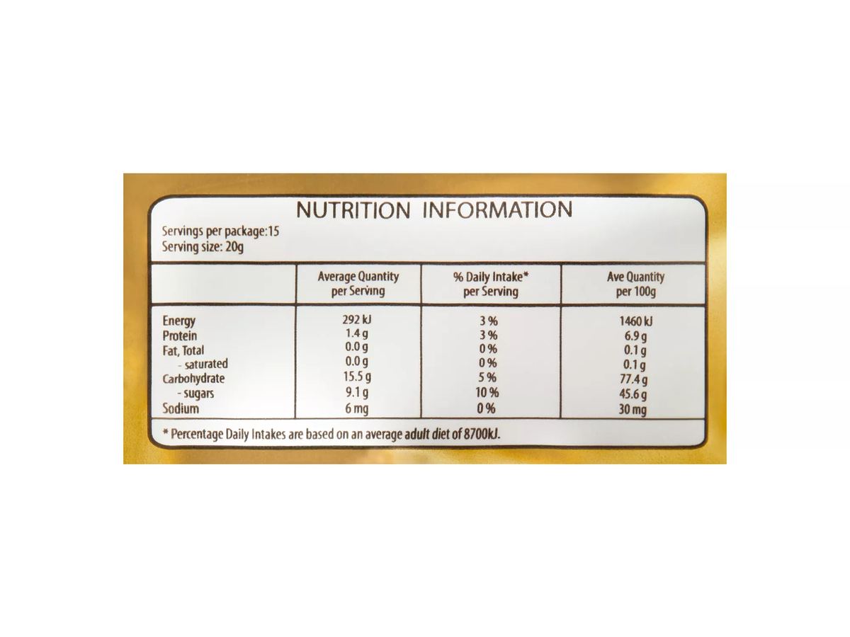 Pack photograph of HARIBO Goldbears 300g showing the printed nutrition panel
