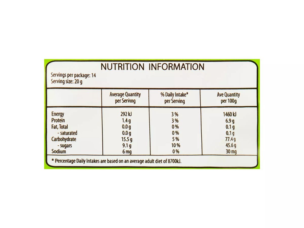 Pack photograph of HARIBO Sweet and Sour Twin Snakes 280g showing the printed nutrition panel