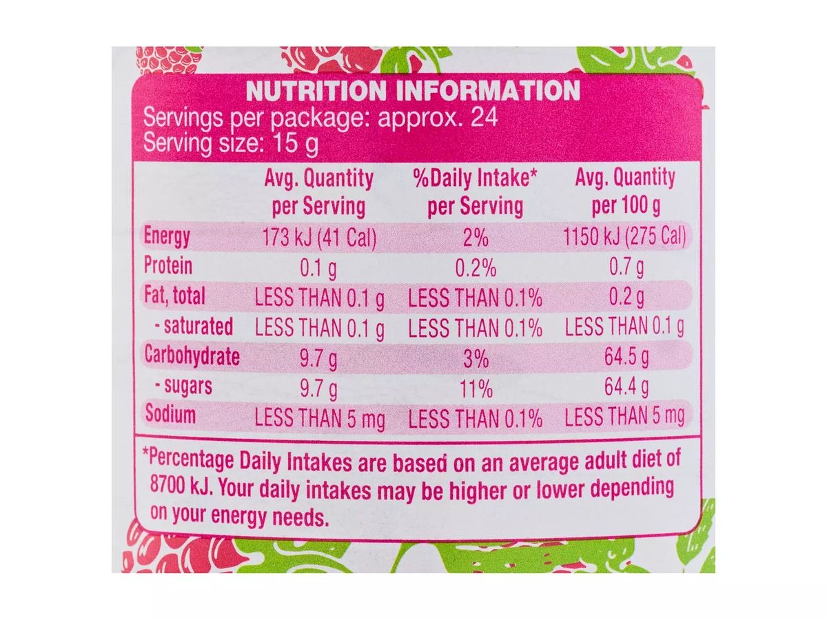 Pack photograph of GRANDESSA Raspberry Jam 360g showing the printed nutrition panel