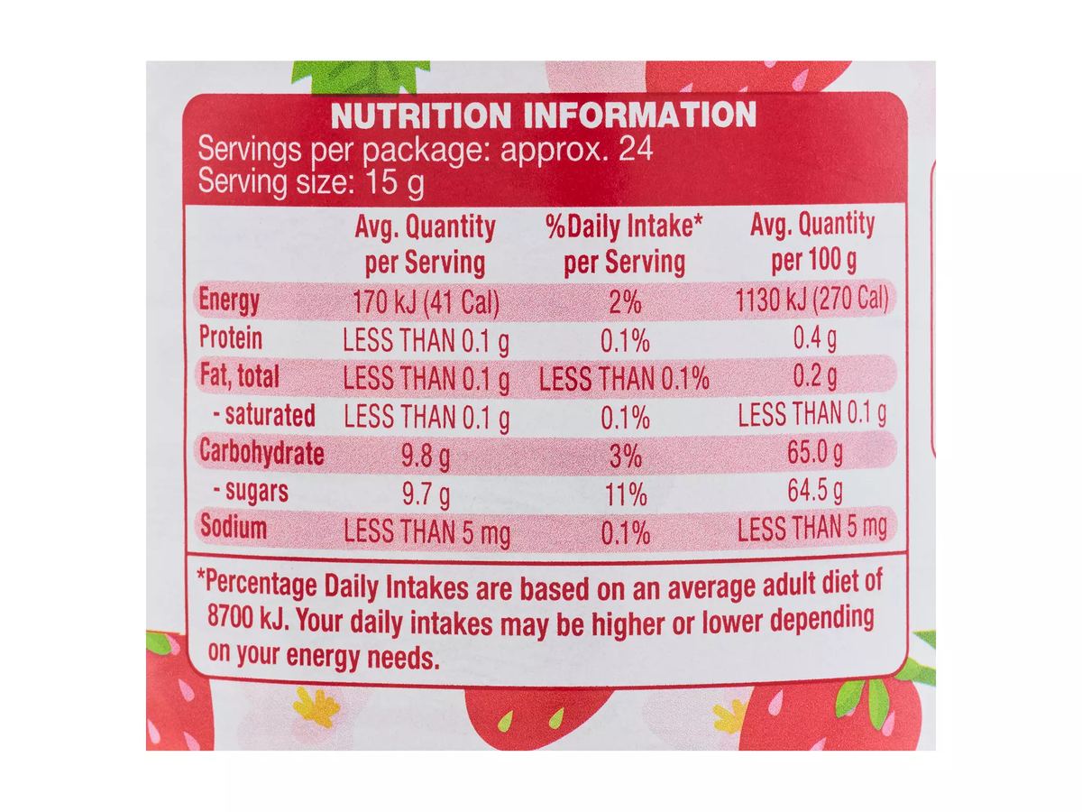 Pack photograph of GRANDESSA Strawberry Jam 360g showing the printed nutrition panel