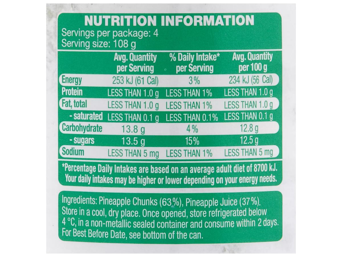 Pack photograph of SWEET VALLEY Pineapple Chunks 432g showing the printed nutrition panel