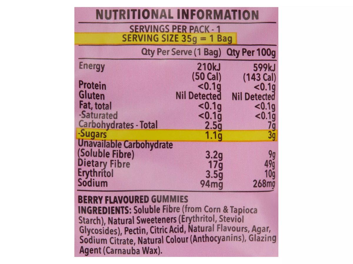 Pack photograph of DOUBLE "D" Berry Bears Gummies 35g showing the printed nutrition panel