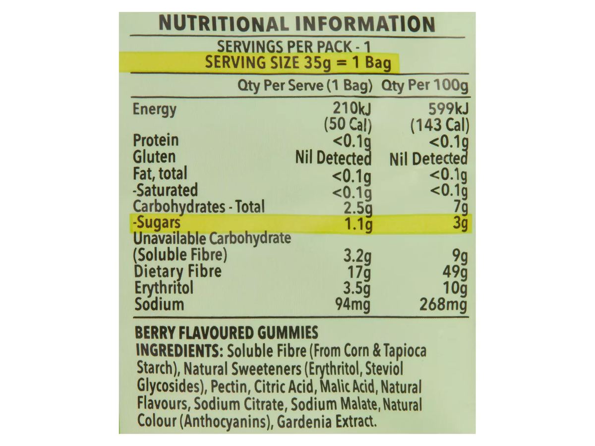 Pack photograph of DOUBLE "D" Sour Bears Gummies 35g showing the printed nutrition panel
