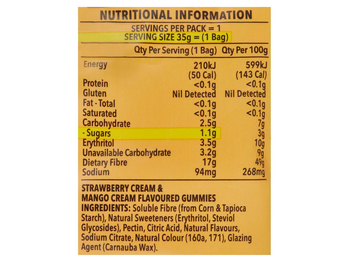 Pack photograph of DOUBLE "D" Fruits & Cream Gummies 35g showing the printed nutrition panel