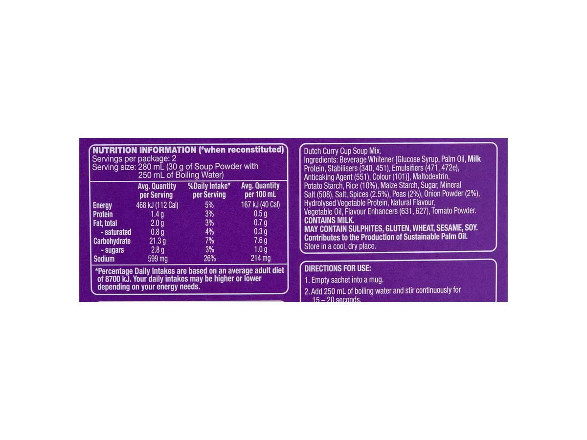 Pack photograph of THE SOUP CO. Soup in a Cup Dutch Curry with Rice 2 Pack 60g showing the printed nutrition panel