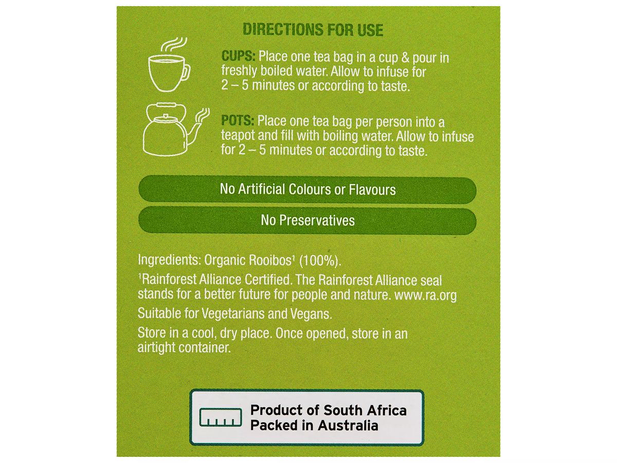 Pack photograph of OH SO NATURAL ORGANIC Organic Rooibos Tea Bags 50 Pack 80g showing the printed nutrition panel