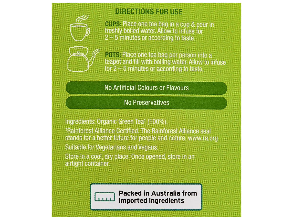 Pack photograph of OH SO NATURAL ORGANIC Organic Green Tea Bags 50 Pack 75g showing the printed nutrition panel
