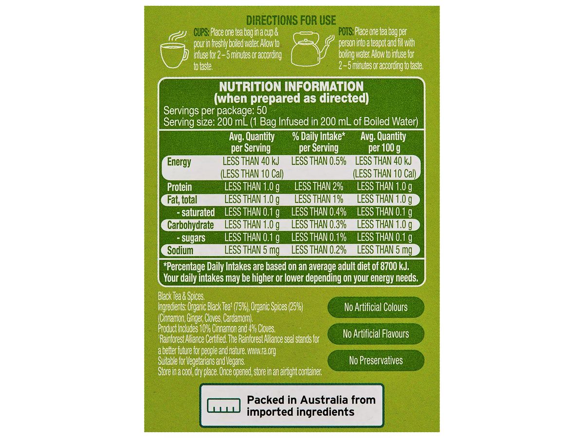 Pack photograph of OH SO NATURAL ORGANIC Organic Chai Tea Bags 50 Pack 90g showing the printed nutrition panel