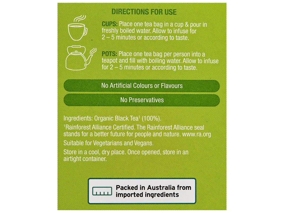 Pack photograph of OH SO NATURAL ORGANIC Organic Black Tea Bags 50 Pack 100g showing the printed nutrition panel