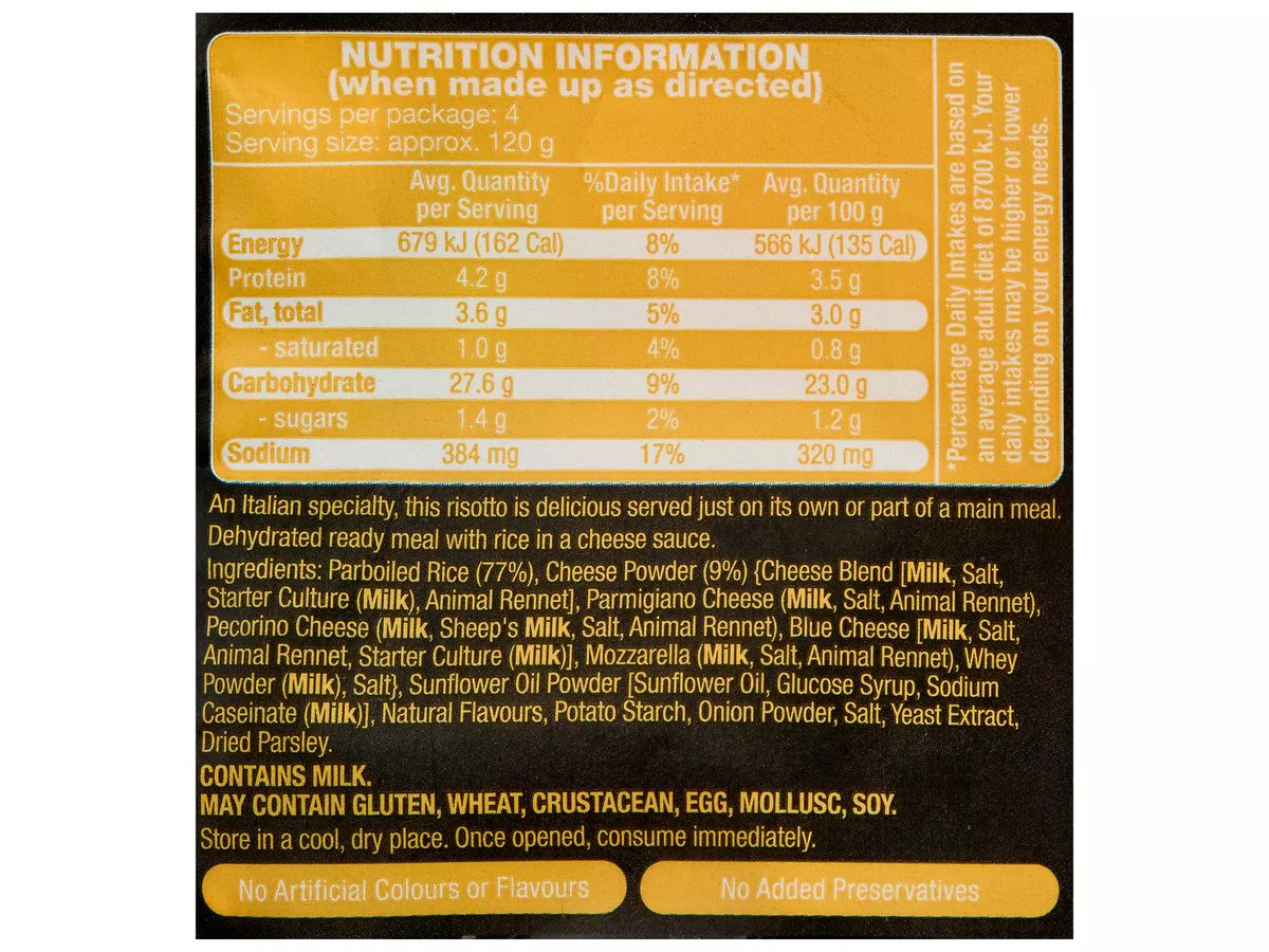 Pack photograph of IMPERIAL GRAIN 4 Cheese Risotto 170g showing the printed nutrition panel