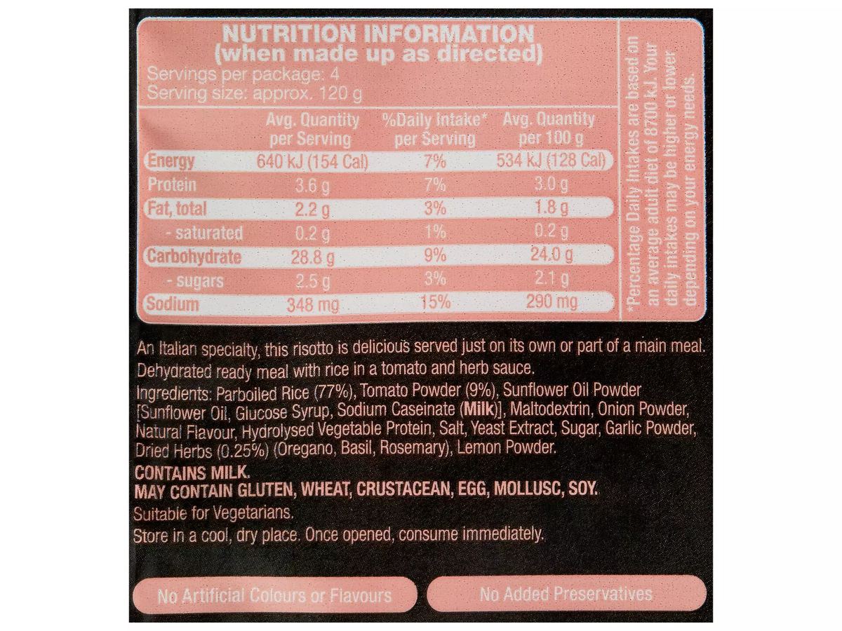 Pack photograph of IMPERIAL GRAIN Tomato Herb Risotto 170g showing the printed nutrition panel