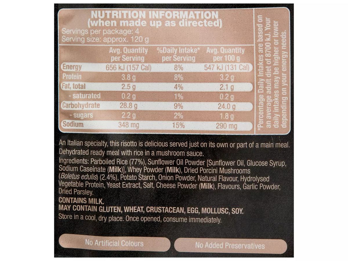 Pack photograph of IMPERIAL GRAIN Mushroom Risotto 170g showing the printed nutrition panel