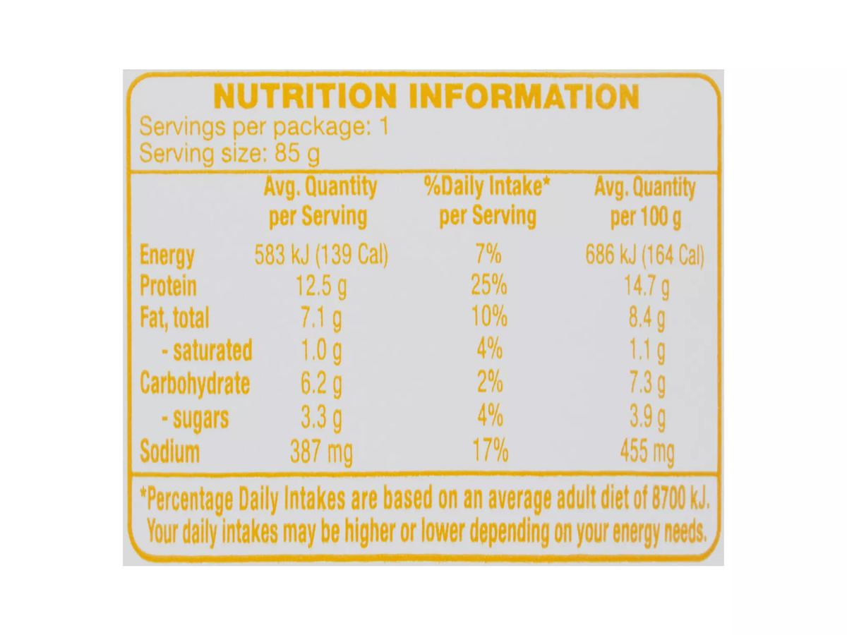 Pack photograph of CORALE Shredded Chicken Breast Wholegrain Mustard Mayonnaise 85g showing the printed nutrition panel