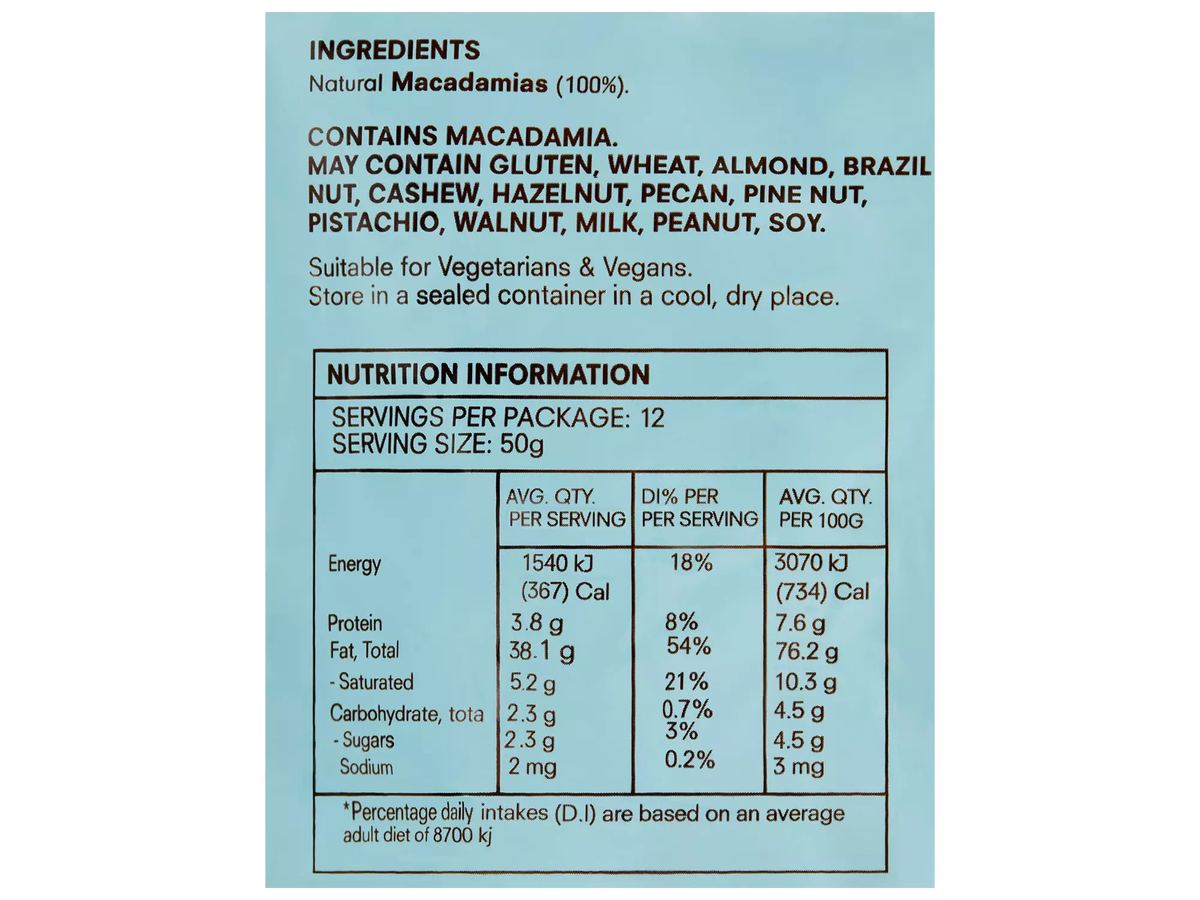 Pack photograph of THE HAPPY NUT Natural Macadamias 600g showing the printed nutrition panel