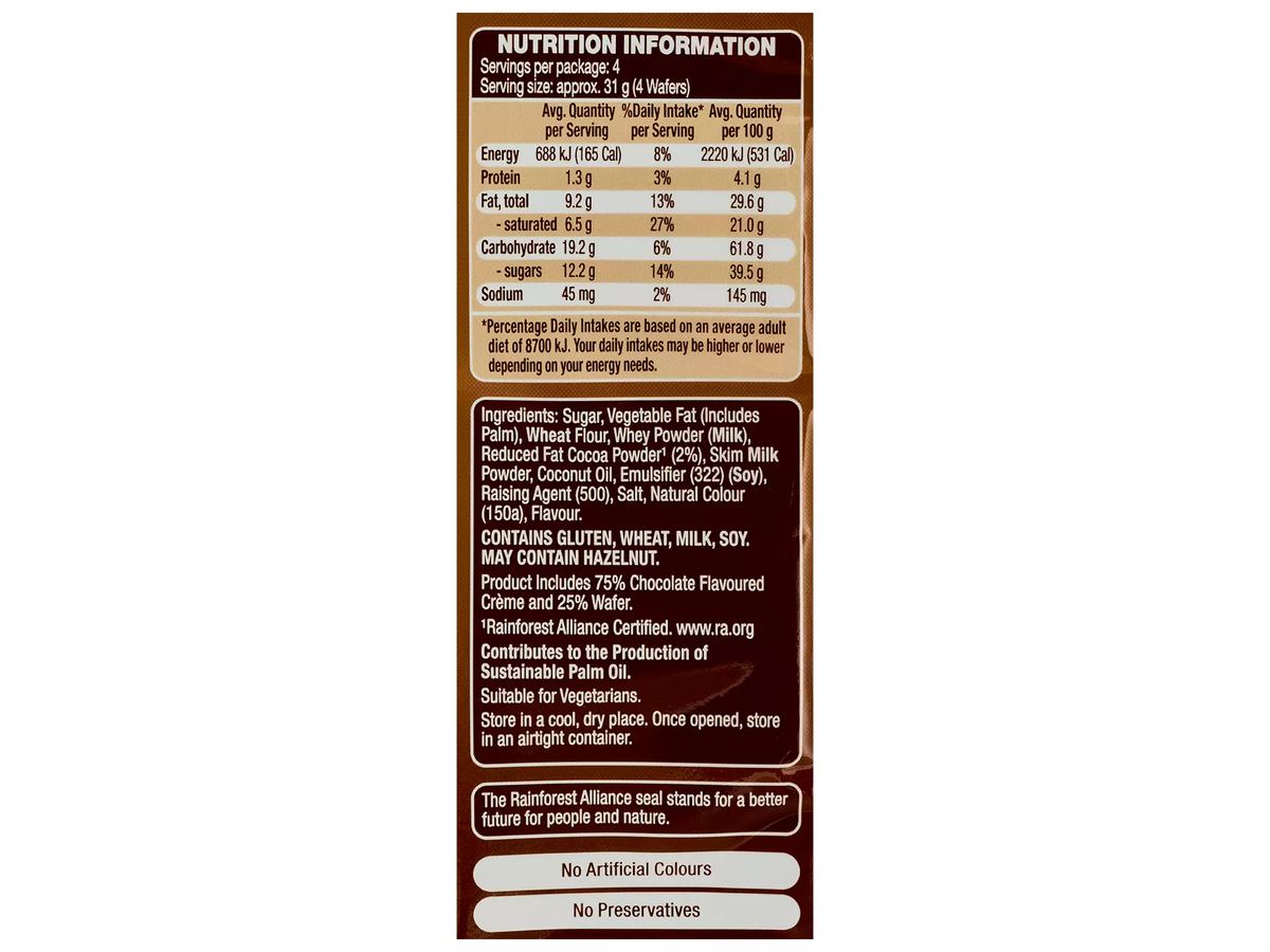 Pack photograph of BELMONT BISCUIT CO. Crème Wafers Chocolate 125g showing the printed nutrition panel