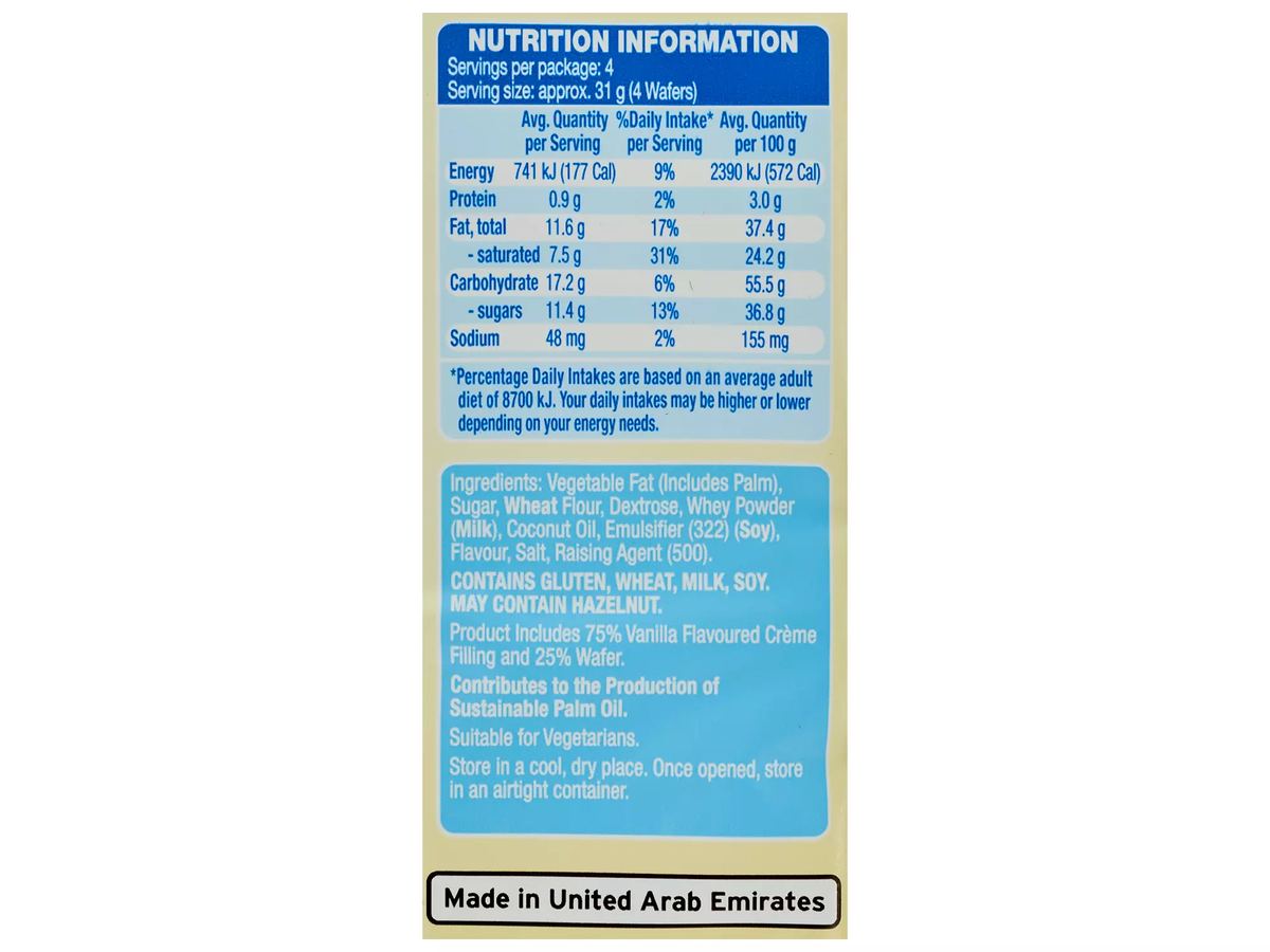 Pack photograph of BELMONT BISCUIT CO. Crème Wafers Vanilla 125g showing the printed nutrition panel